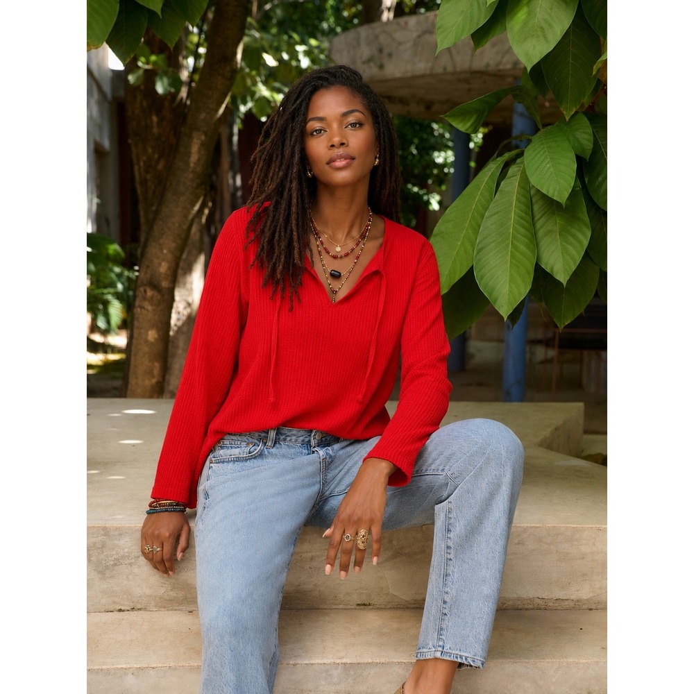 LL Bean Womens Red Peruvian Cotton Textured Split Neck Tie Top Small